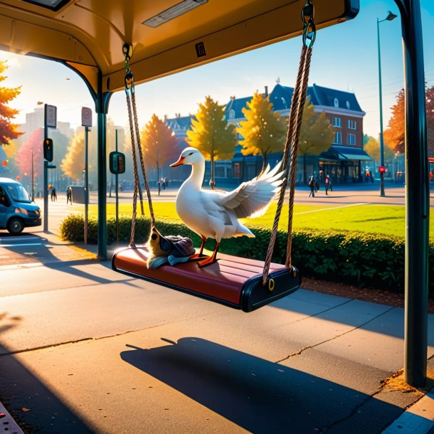 Pic of a swinging on a swing of a goose on the bus stop