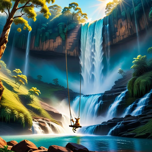 Photo of a swinging on a swing of a kangaroo in the waterfall