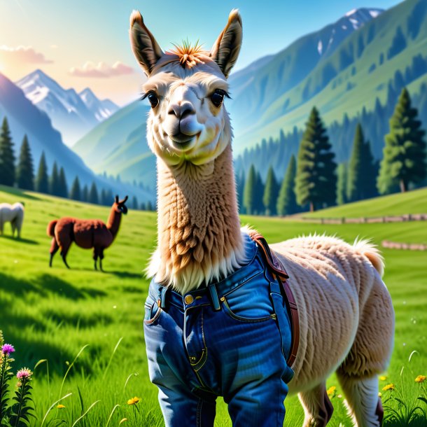 Picture of a llama in a jeans in the meadow