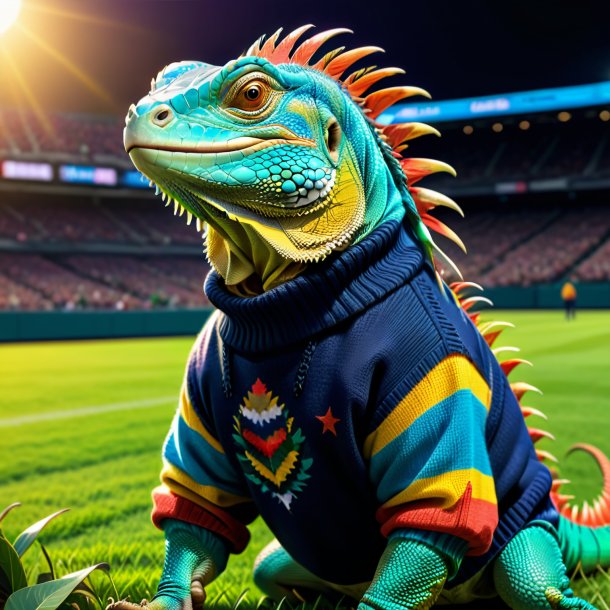 Drawing of a iguana in a sweater on the field