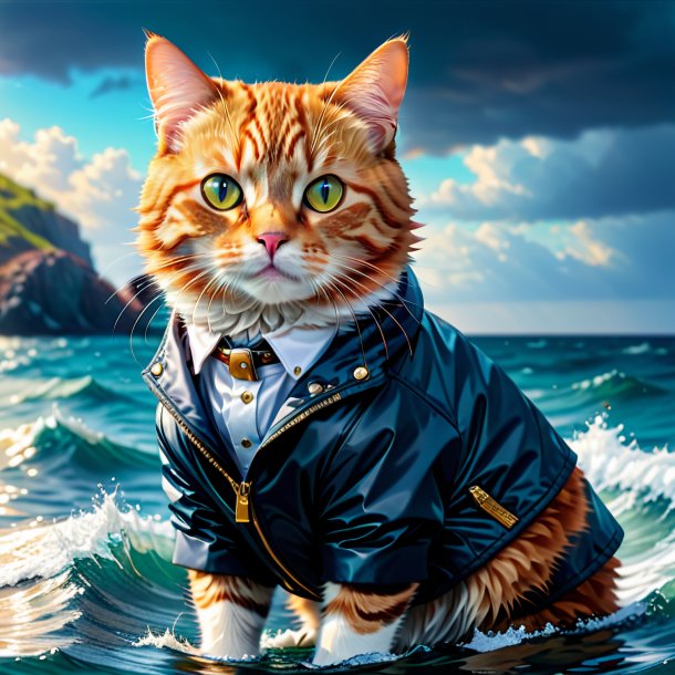 Foto de un gato en una chaqueta en el mar