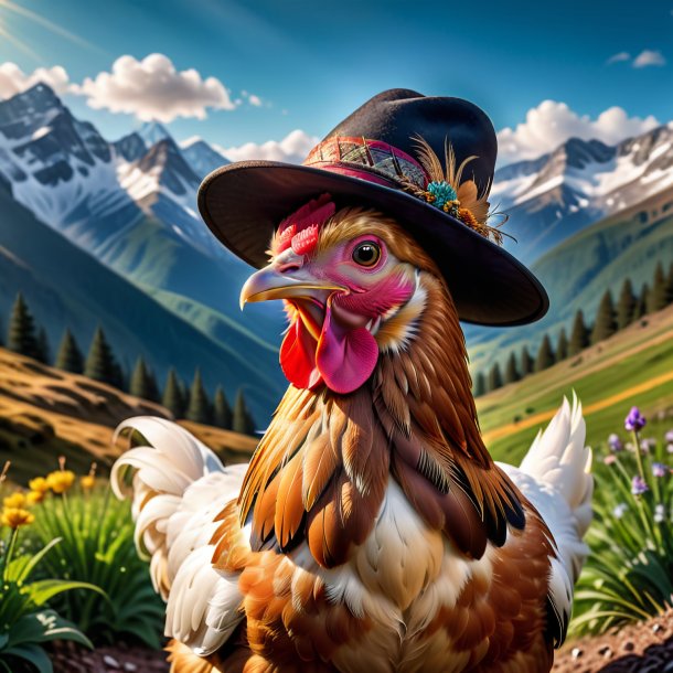 Image of a hen in a hat in the mountains