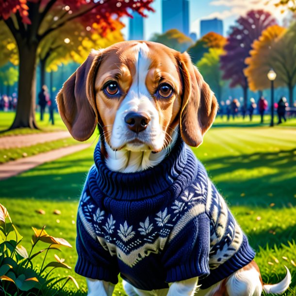 Photo of a beagle in a sweater in the park