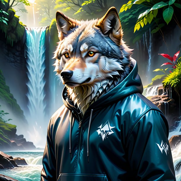 Imagem de um lobo em um hoodie na cachoeira