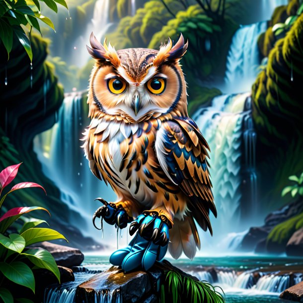 Image of a owl in a gloves in the waterfall