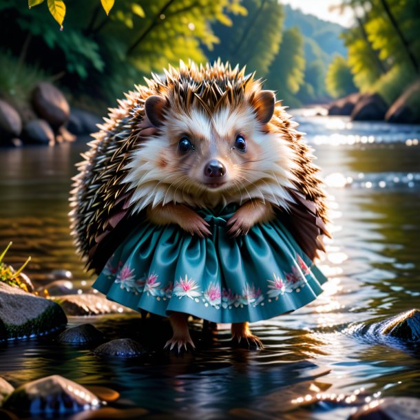 Photo of a hedgehog in a skirt in the river