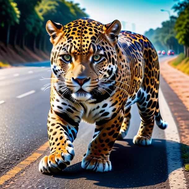 Photo of a jaguar in a gloves on the road