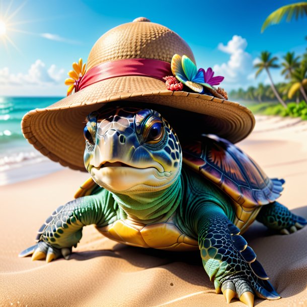 Foto de una tortuga en un sombrero en la playa