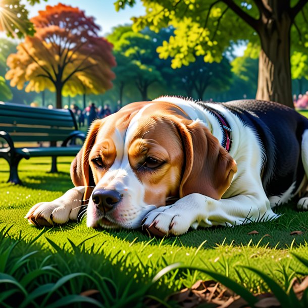 Image of a sleeping of a beagle in the park