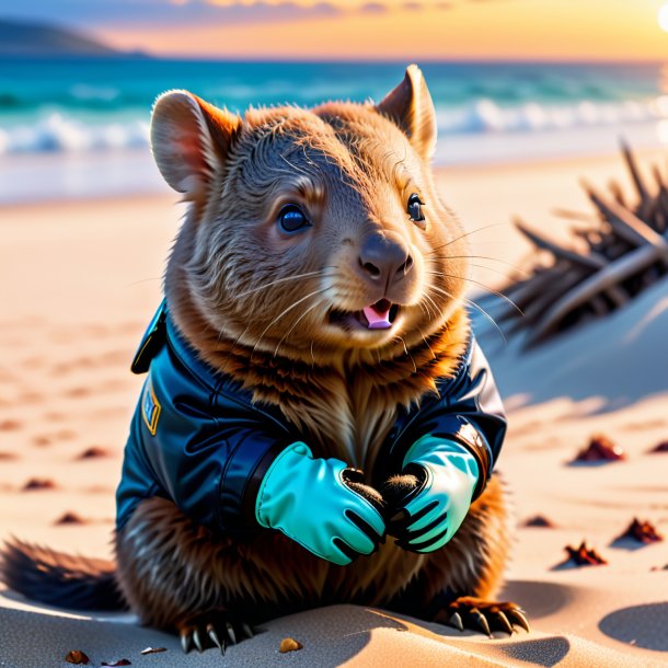 Foto de un wombat en guantes en la playa