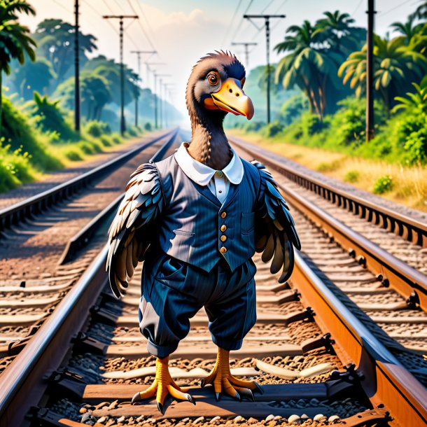 Photo of a dodo in a trousers on the railway tracks