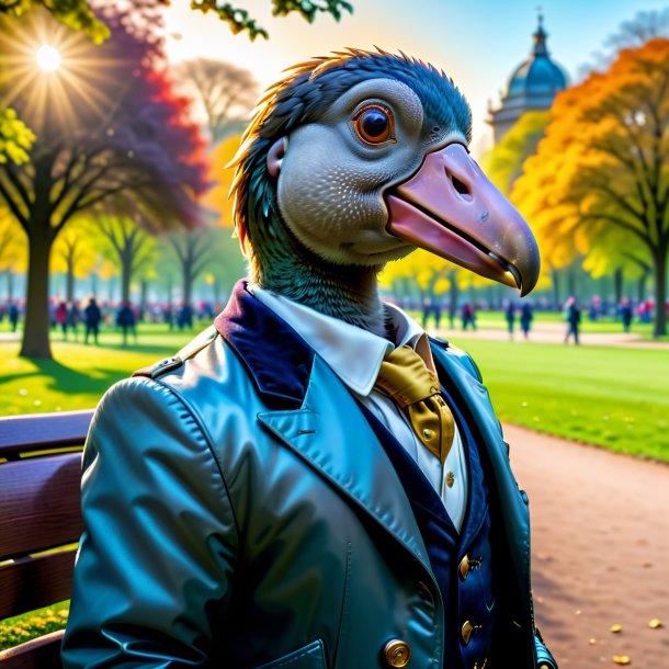 Foto de un dodo en una chaqueta en el parque