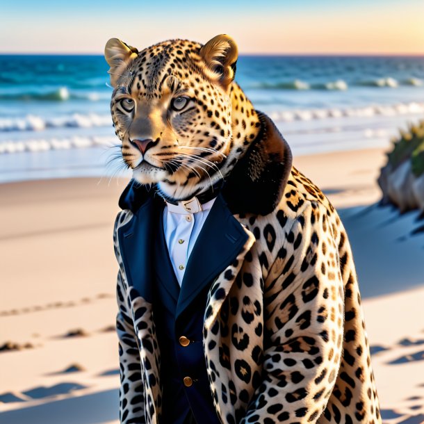 Foto de un leopardo en un abrigo en la playa