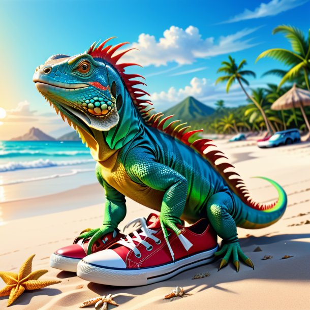 Illustration of a iguana in a shoes on the beach