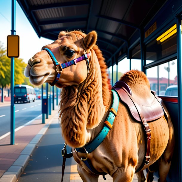 Pic d'un chameau dans une ceinture sur l'arrêt de bus