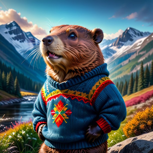 Picture of a beaver in a sweater in the mountains