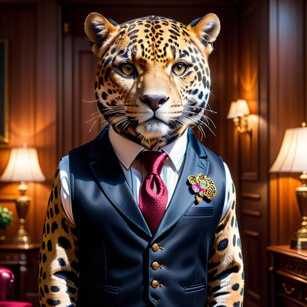 Photo of a jaguar in a vest in the house