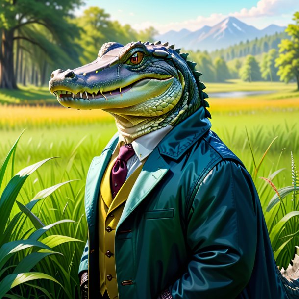 Dessin d'un alligator dans un manteau dans la prairie