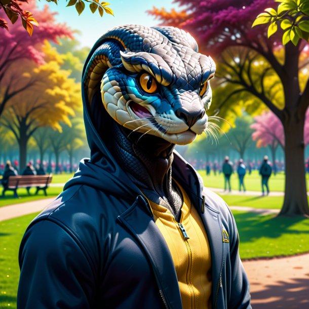 Ilustração de uma cobra em um hoodie no parque