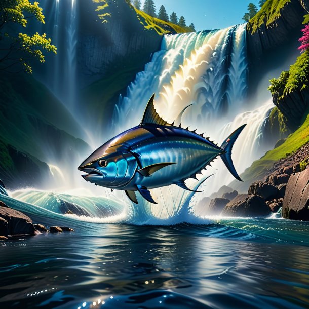 Photo of a tuna in a jeans in the waterfall