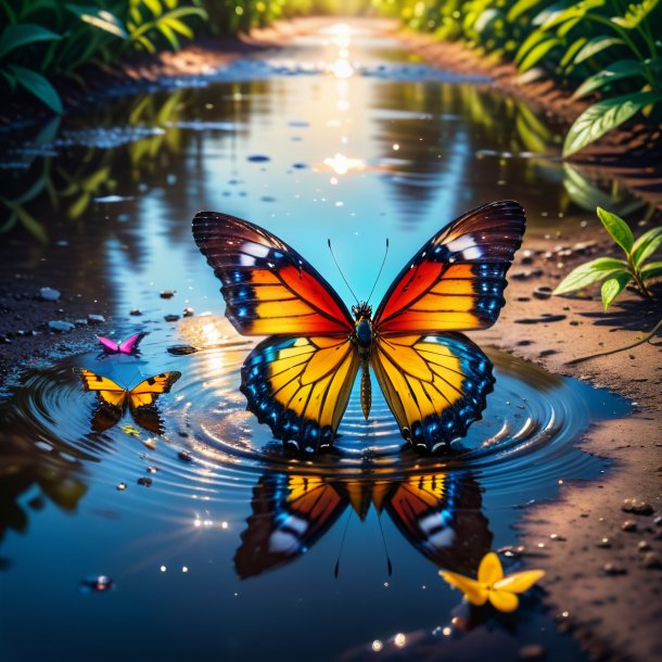 Photo of a swimming of a butterfly in the puddle