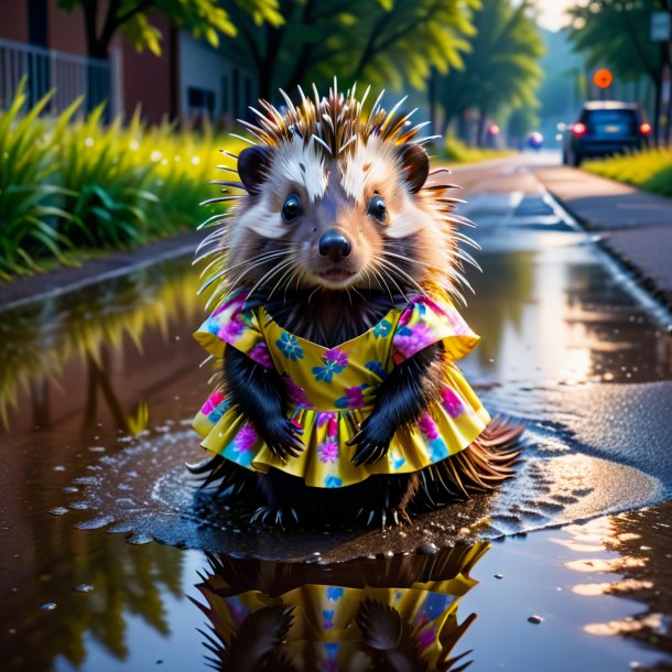 Pic of a porcupine in a dress in the puddle