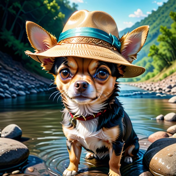 Illustration of a chihuahua in a hat in the river