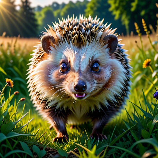 Photo of a threatening of a hedgehog in the meadow