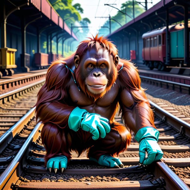 Dibujo del orangután en los guantes sobre las vías del ferrocarril