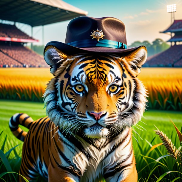 Imagem de um tigre em um chapéu no campo