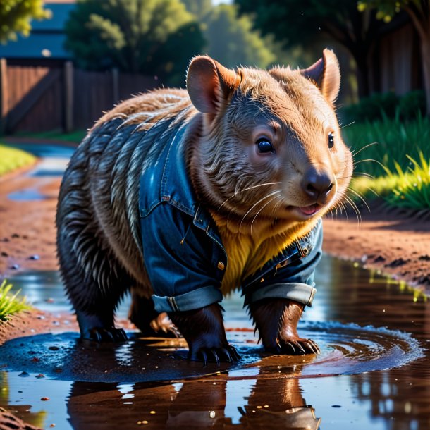 Image of a wombat in a jeans in the puddle