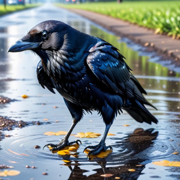 Image d'un corbeau dans un jean dans la flaque