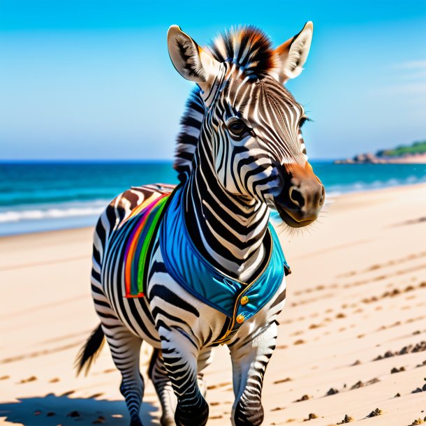 Image of a zebra in a vest on the beach