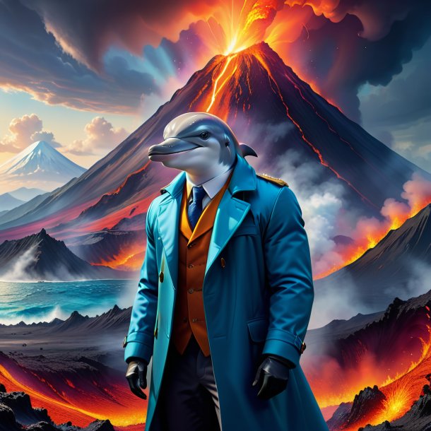 Illustration of a dolphin in a coat in the volcano