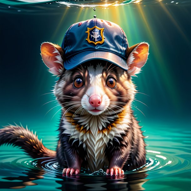 Illustration of a possum in a cap in the water