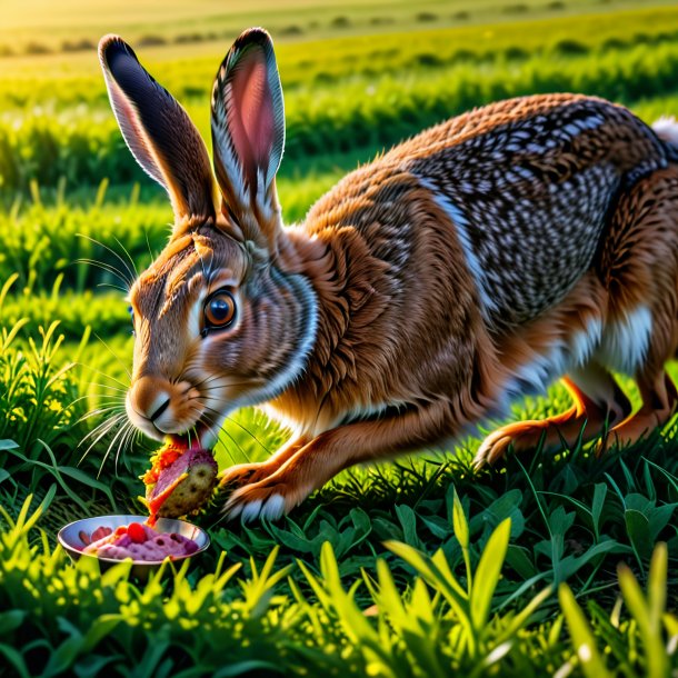 Foto de um comer de uma lebre no campo