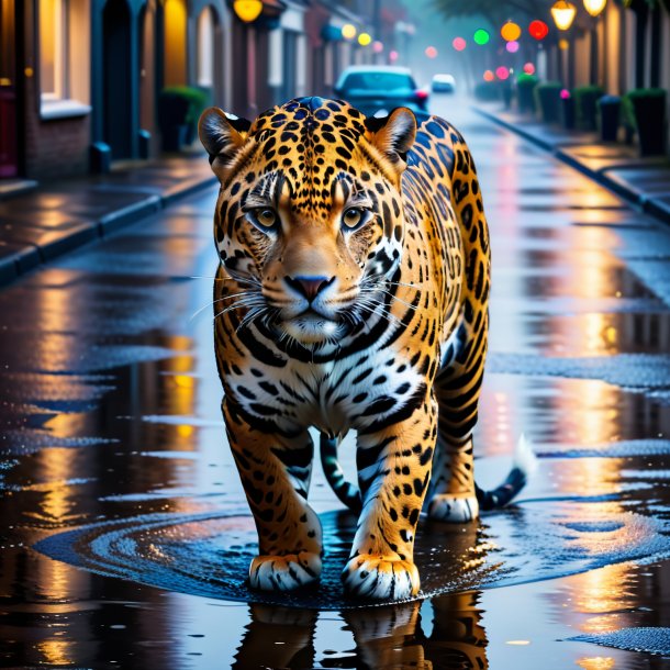 Image of a jaguar in a coat in the puddle