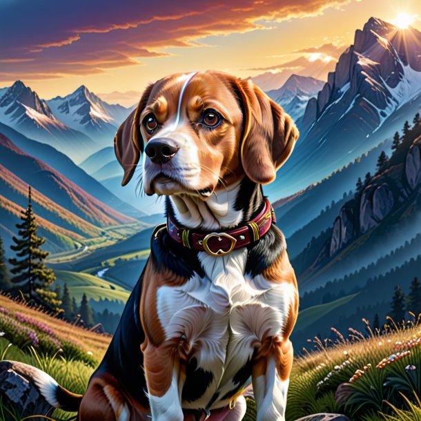 Desenho de um beagle em um cinto nas montanhas