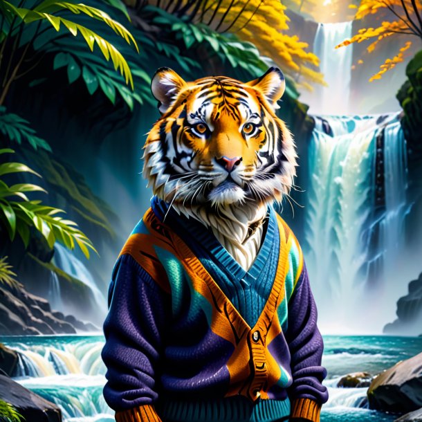 Pic of a tiger in a sweater in the waterfall