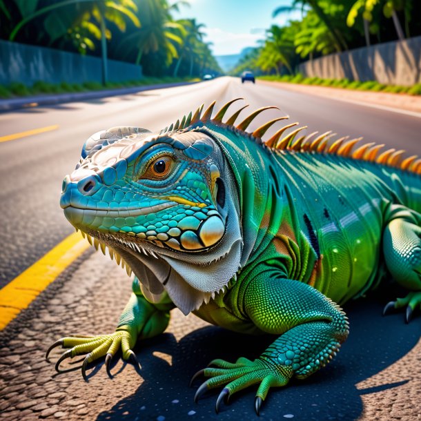 Foto de un descanso de una iguana en el camino