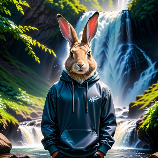 Foto de uma lebre em um hoodie na cachoeira