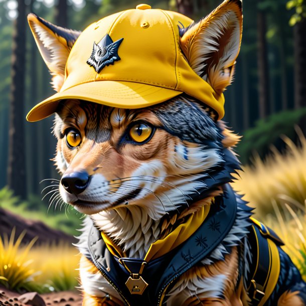 Picture of a jackal in a yellow cap