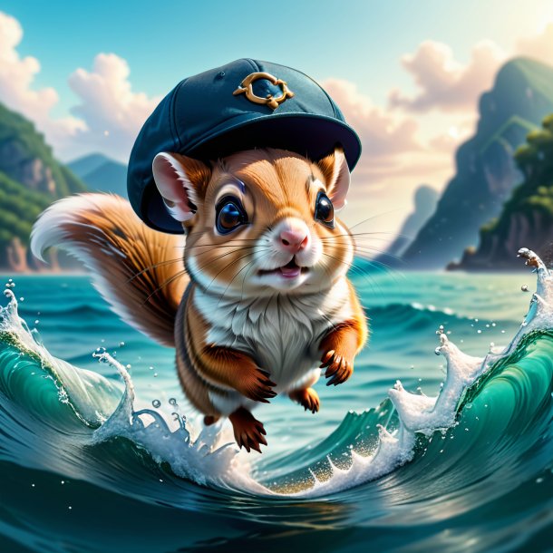 Illustration of a flying squirrel in a cap in the sea