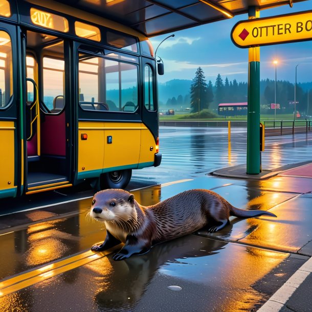 Pic d'une baignade d'une loutre sur l'arrêt de bus