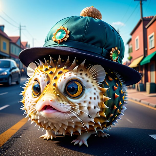 Illustration of a pufferfish in a hat on the road