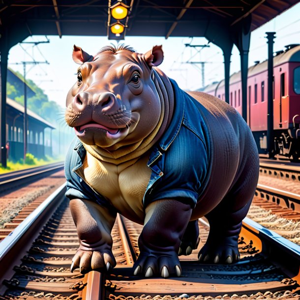 Pic of a hippopotamus in a jeans on the railway tracks