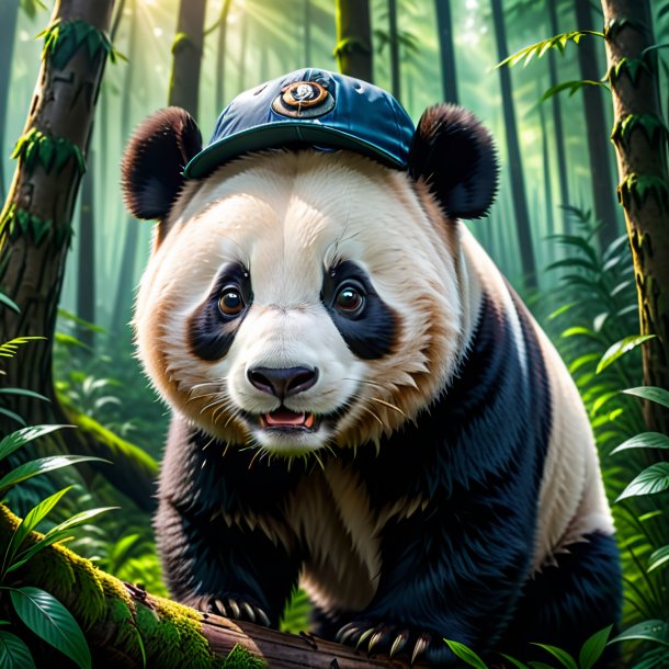 Photo of a giant panda in a cap in the forest