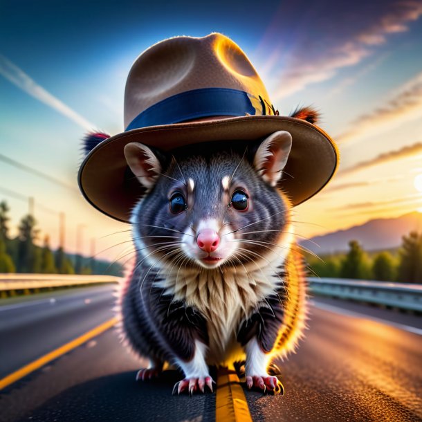 Photo d'un opossum dans un chapeau sur l'autoroute