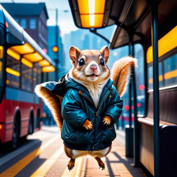 Photo of a flying squirrel in a jacket on the bus stop