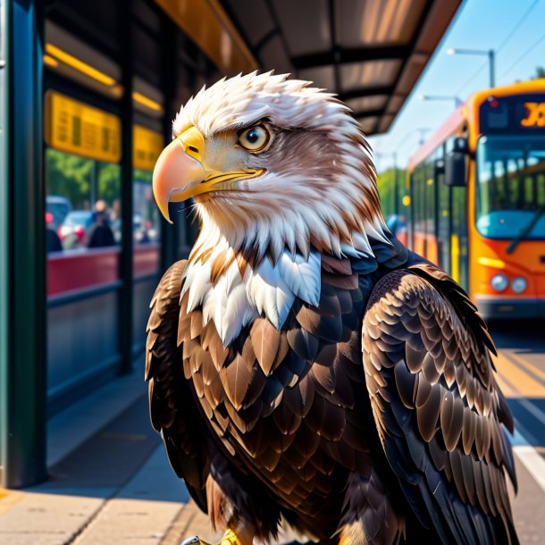 Imagem de uma águia em um colete no ponto de ônibus